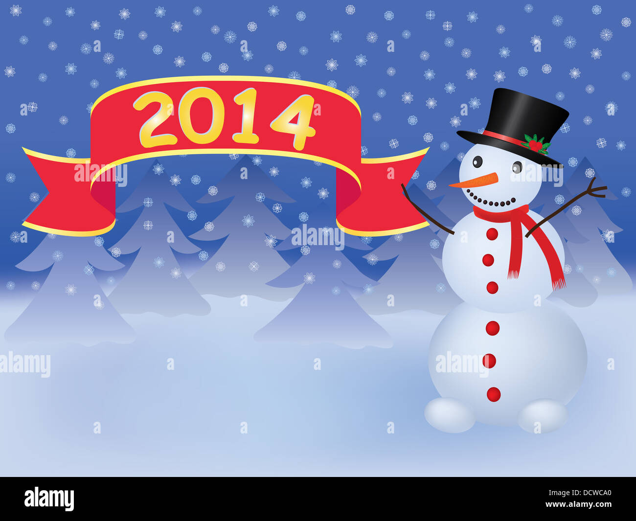 Nouvelle année 2014 avec fond bannière holding snowman Banque D'Images