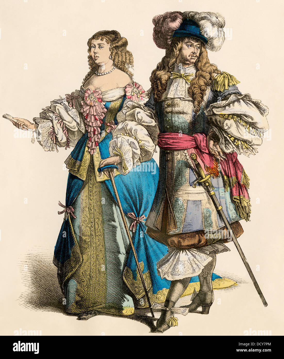 Cavalier français et sa dame, années 1600. Impression couleur à la main Banque D'Images