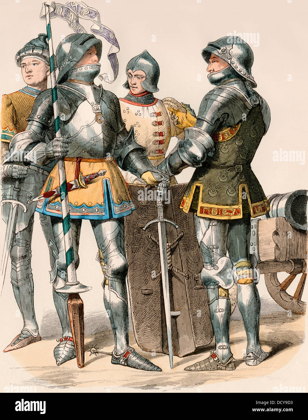 Chevaliers en armure de plaque bourguignonne, 1470. Impression couleur à la main Banque D'Images