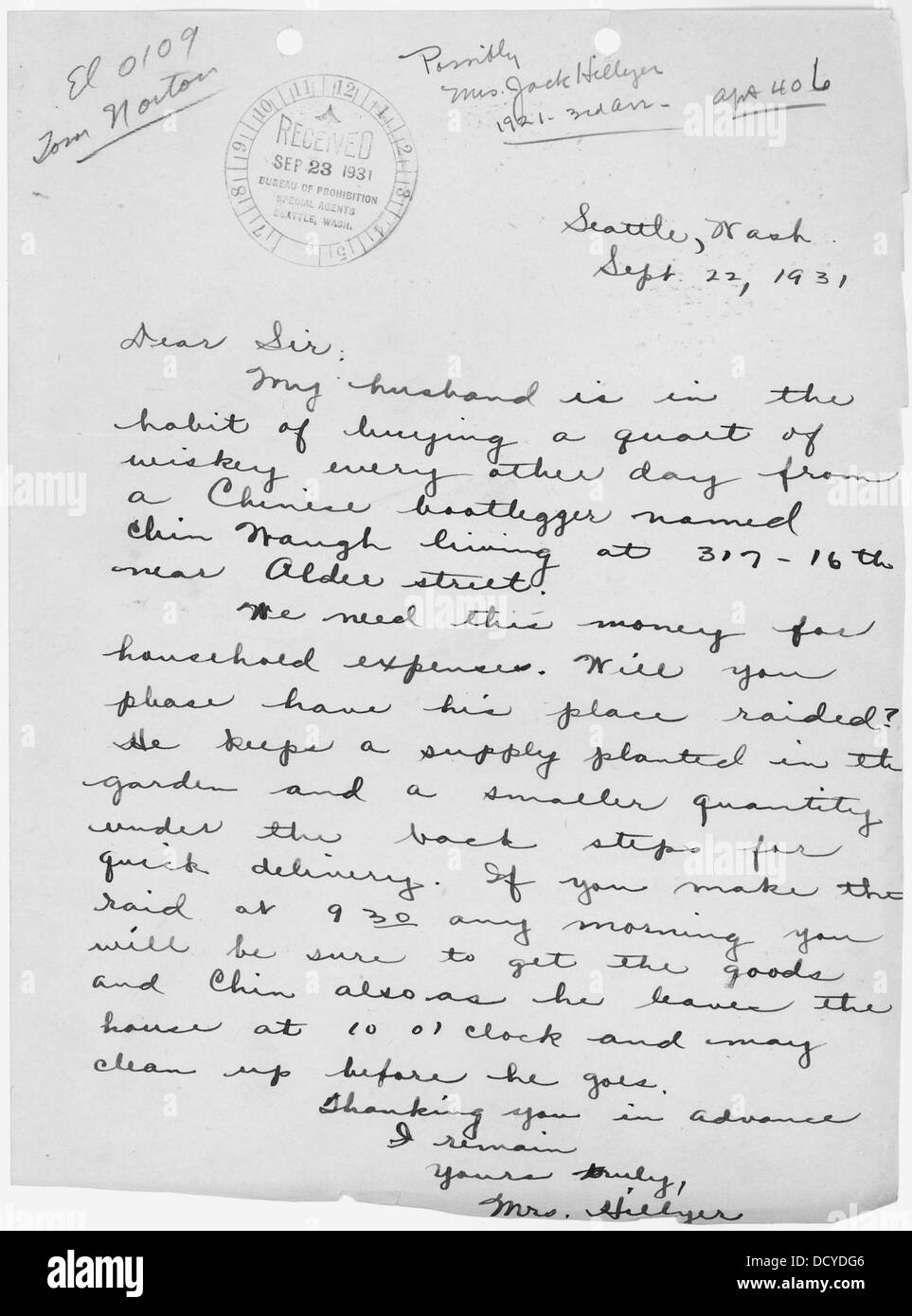 Une lettre de MRS Hillyer exprime des préoccupations au sujet des habitudes de consommation de son mari. La lettre souligne les luttes personnelles liées à la consommation d'alcool et son impact sur la vie familiale. Banque D'Images