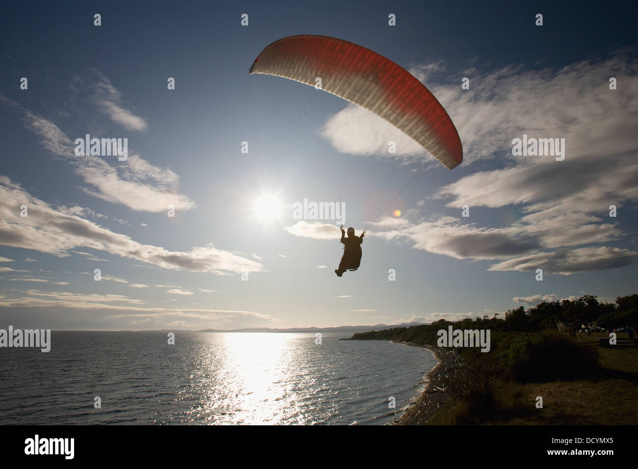 Un homme le parapente le long des falaises à Dallas Road, Victoria, île de Vancouver, Colombie-Britannique, Canada Banque D'Images