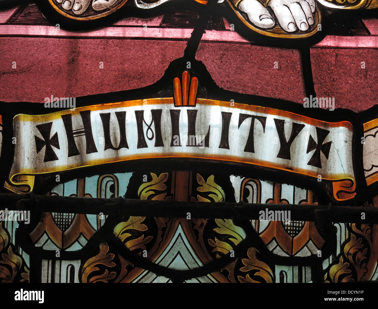 Humilité vitrail,abbaye de Lacock, Lacock, Wiltshire, Angleterre, SN15 Banque D'Images