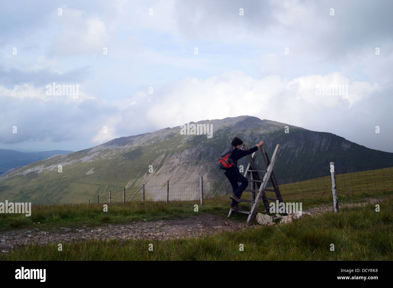 Garçon Escalade Échelle en bois Stile sur la haute voie avec Elidir Fawr en arrière-plan dans le Parc National de Snowdonia Banque D'Images