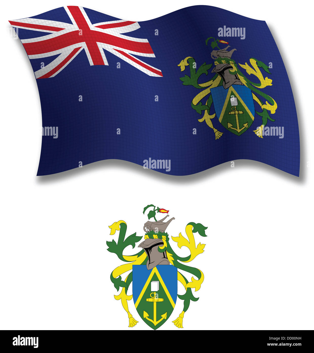 Îles pitcairn shadowed ondulées texturé drapeau et d'armoiries à l'arrière-plan blanc, vector art illustration Banque D'Images