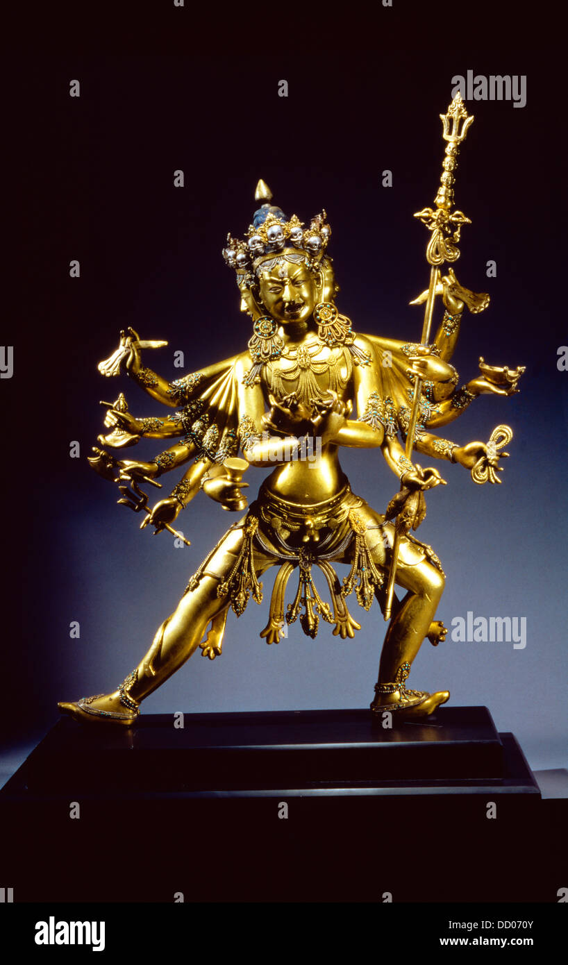 Chakrasamvara Tibet 17 Siècle Non-Cast bouddhiste et repousse en bronze doré incrusté d'argent Turquoise Banque D'Images