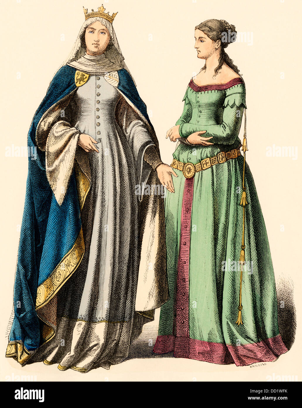 Princesse allemande et une dame, 1300s à la main, imprimer Banque D'Images