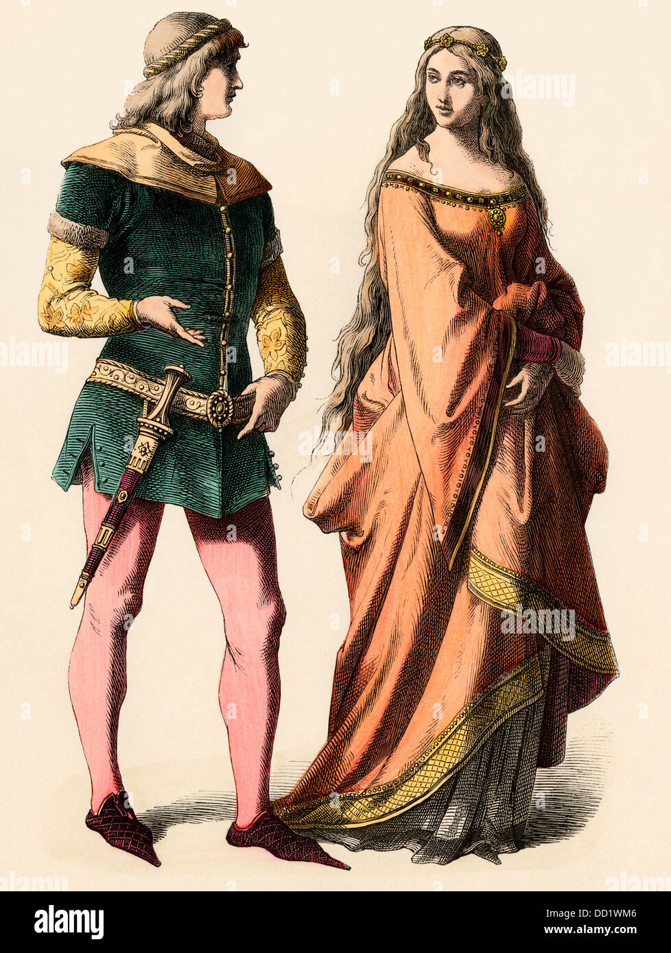 Chevalier allemand et une dame, années 1300. Impression couleur à la main Banque D'Images