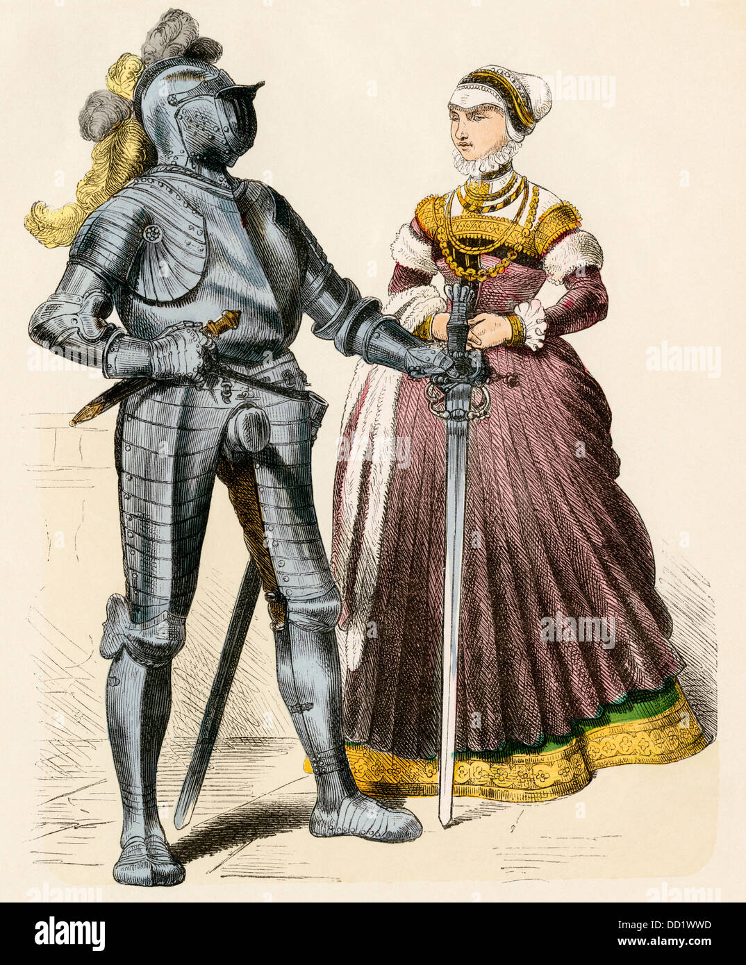 Chevalier allemand et une dame de la fin des années 1500. Impression couleur à la main Banque D'Images