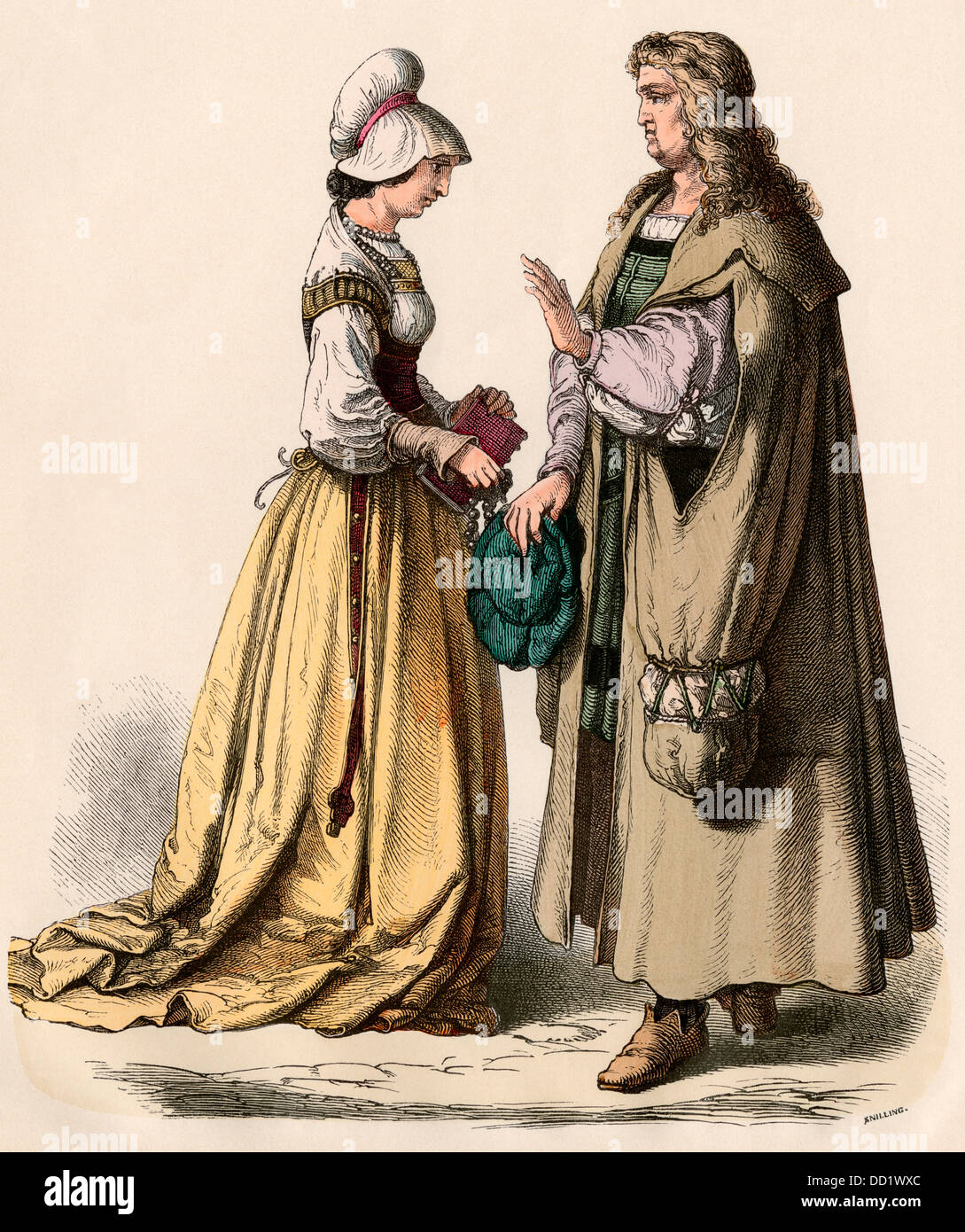 Chercheur allemand et une femme avec un livre, 1500s. Impression couleur à la main Banque D'Images