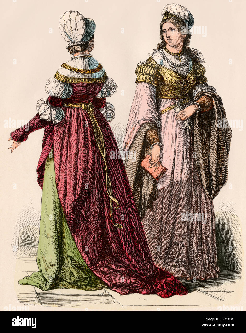 Les Allemandes patricienne, années 1500. Impression couleur à la main Banque D'Images
