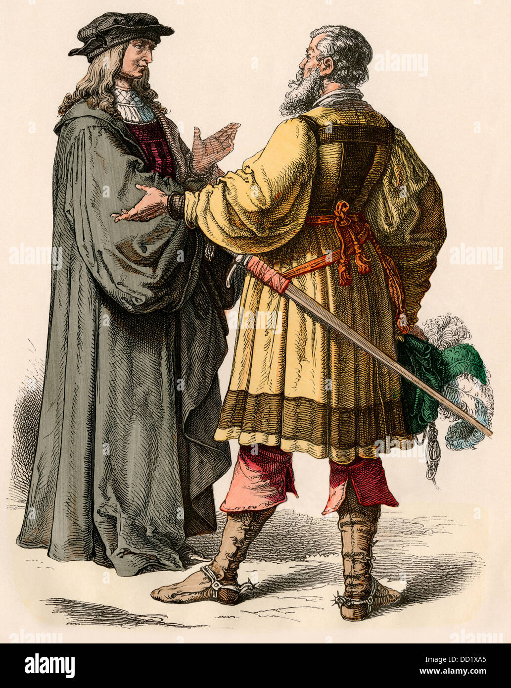 Magistrat allemand et un chevalier en conversation, début des années 1500. Impression couleur à la main Banque D'Images