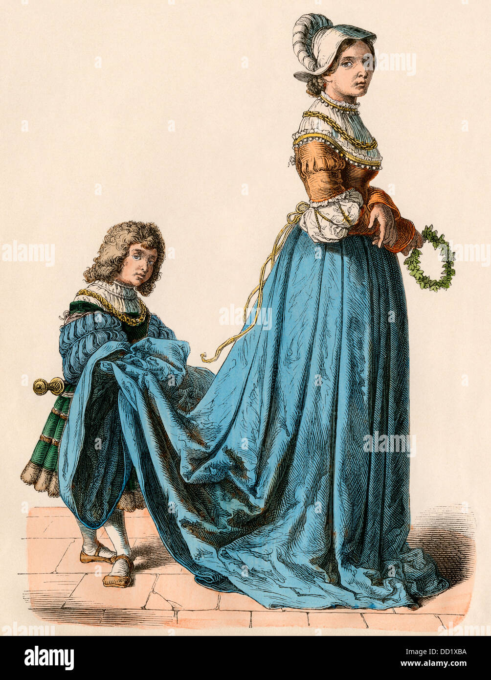 Dame française et sa page, 1500s. Impression couleur à la main Banque D'Images