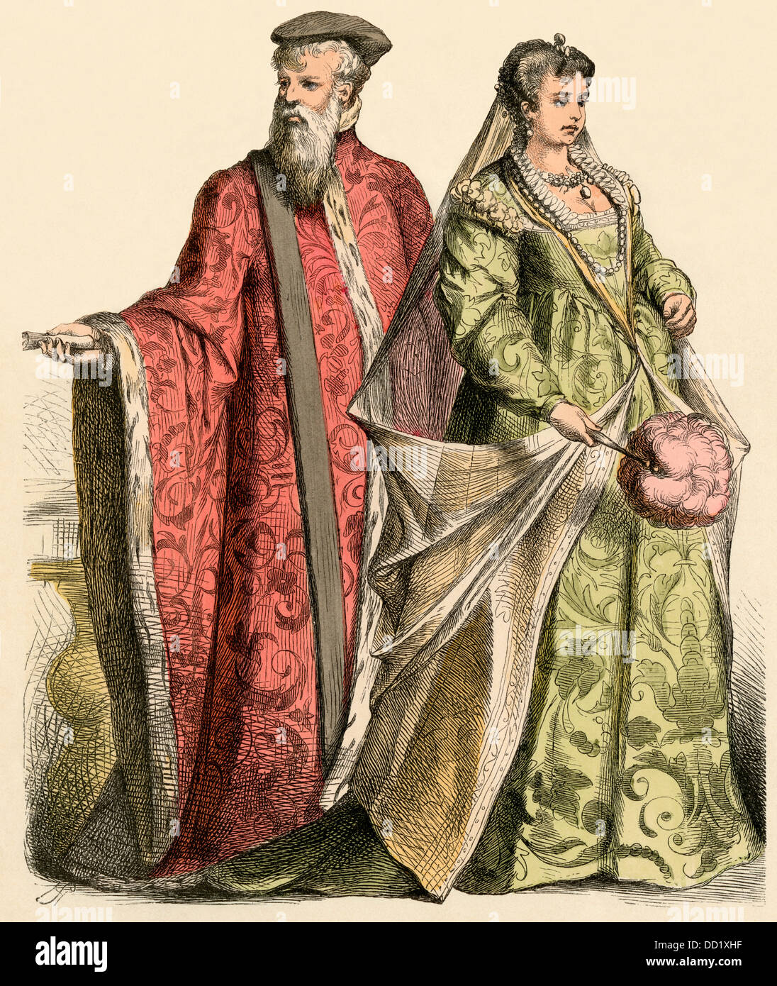 Le sénateur et dame de Venise, 1500. Impression couleur à la main Banque D'Images