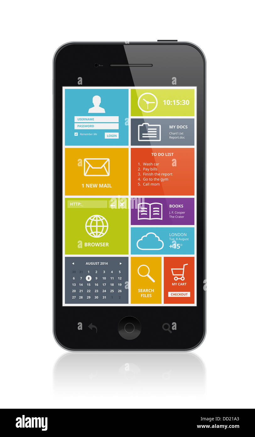 Illustration de haute qualité mobile smartphone moderne et élégant avec interface utilisateur en couleurs sur un écran. Isolé sur blanc. Banque D'Images