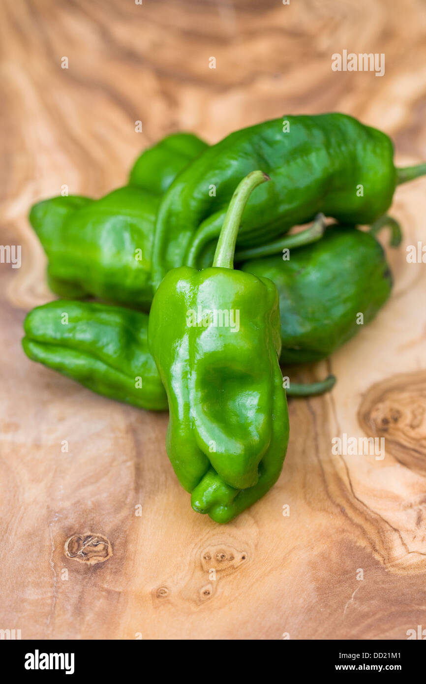 Padron poivrons sur une planche de bois. Banque D'Images