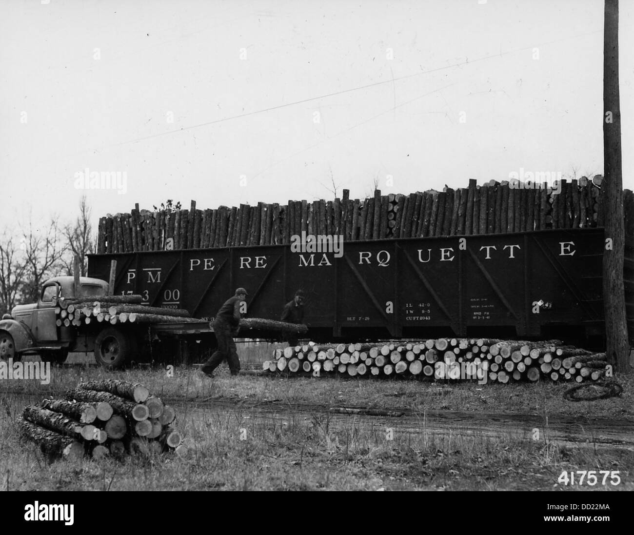 Bois de pin gris d'être chargés sur des wagons de chemin de fer à Iron River, Michigan - - 2129364 Banque D'Images