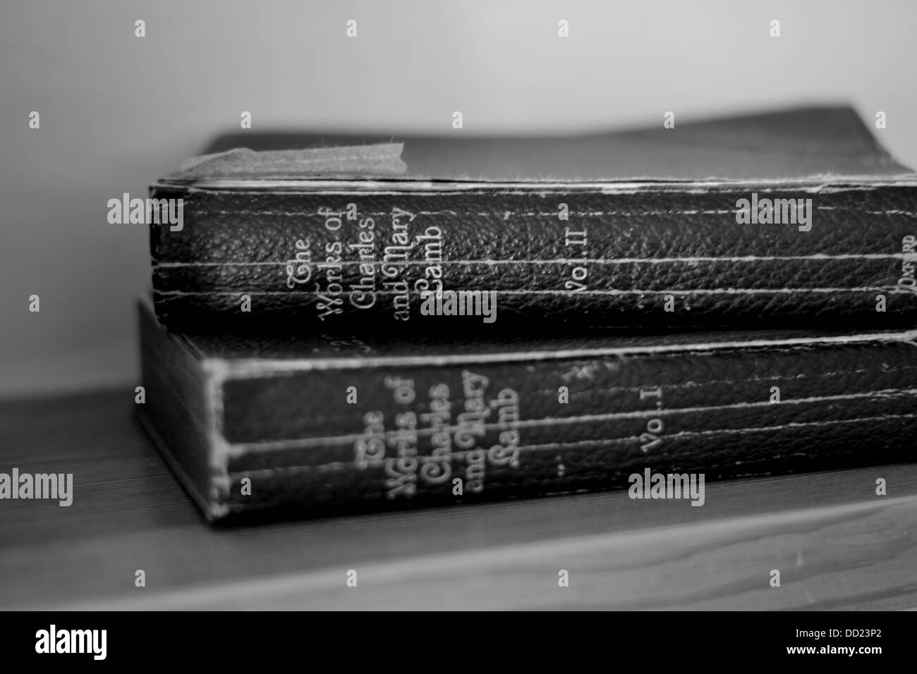 Une photo en noir et blanc des vieux livres sur une étagère Banque D'Images