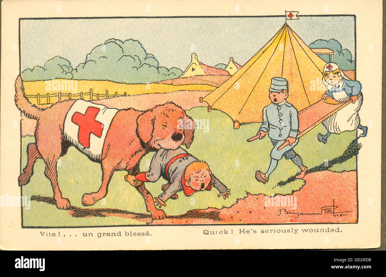 La Seconde Guerre mondiale, un Français de bande dessinée carte Croix Rouge chien récupérer enfant Banque D'Images