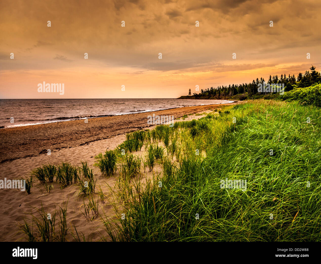 La plage et le phare du cap Jourimain situé au Nouveau-Brunswick Canada hdr avec ciel dramatique Banque D'Images