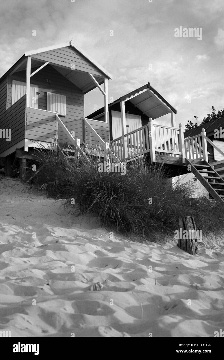 Cabines de plage sur la côte de Wells-next-the-Sea, dans le Norfolk. Banque D'Images