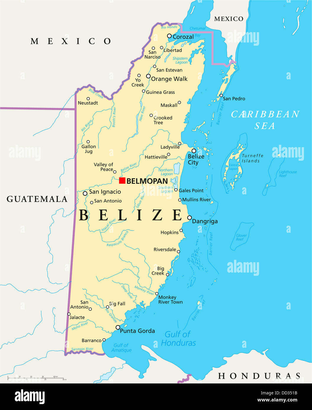 Carte politique du Belize, Belmopan capitale avec les frontières