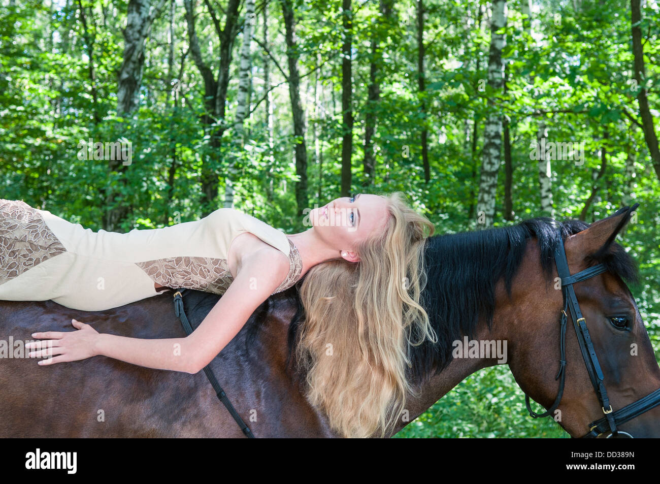 Jeune jolie fille pose à cheval dans la forêt Banque D'Images