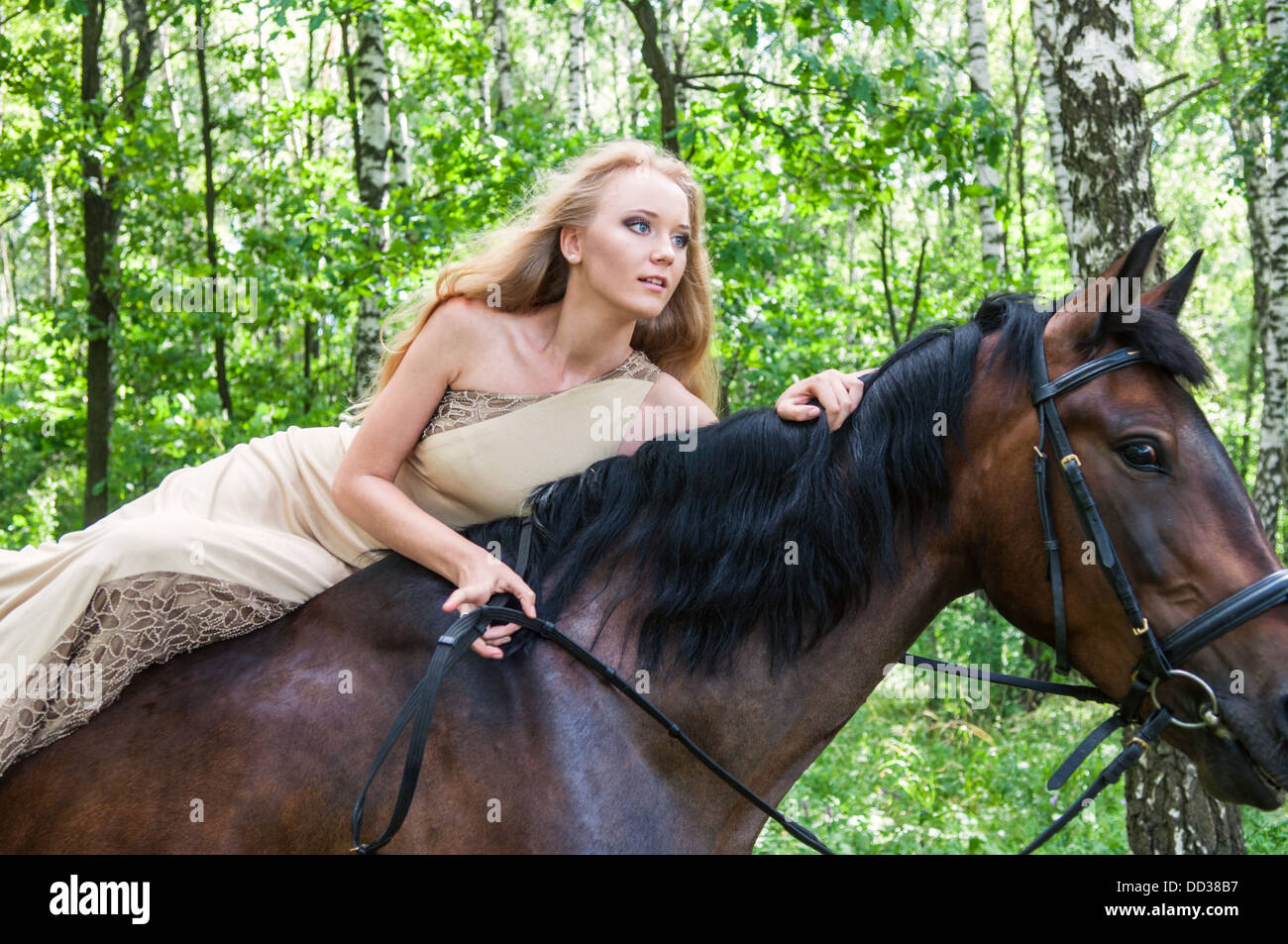 Jeune jolie fille à cheval dans la forêt Banque D'Images