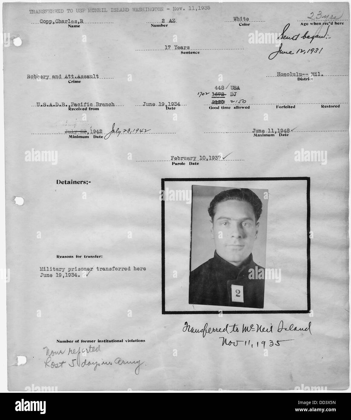 Warden's page du bloc-notes, avec mug shot, de Charles R. Copp, 2-AZ. - - 296688 Banque D'Images