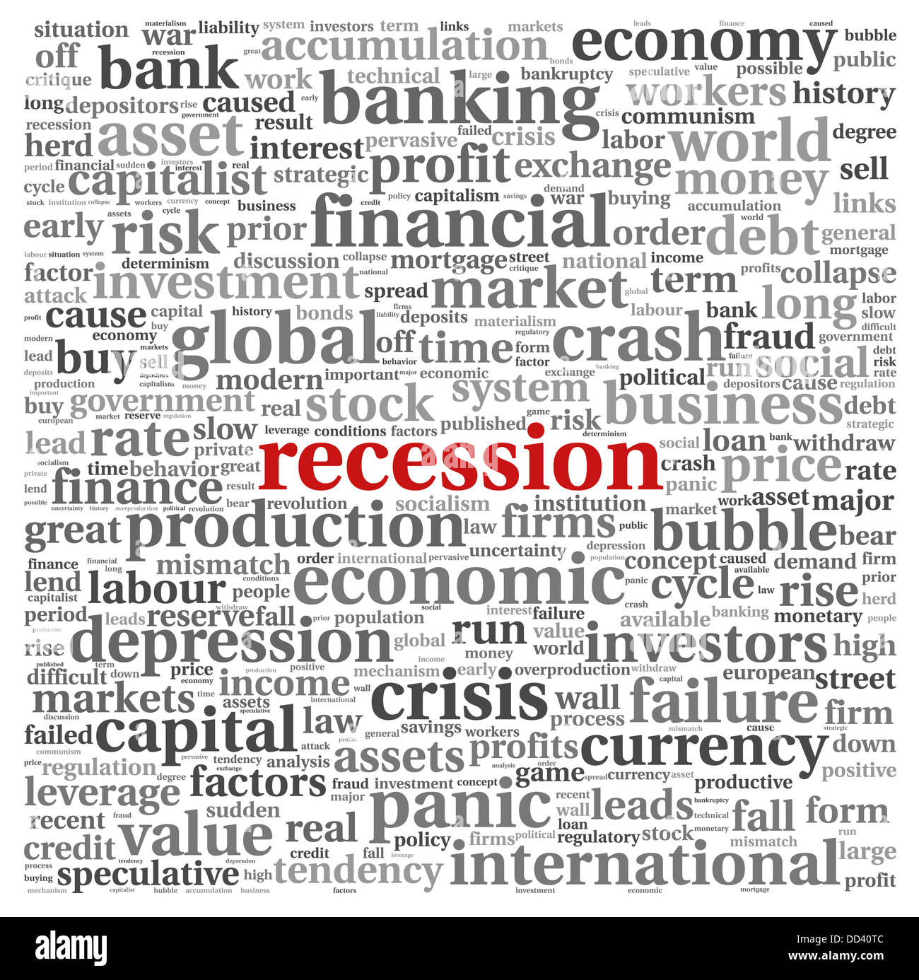 Crise et récession concept dans word tag cloud sur fond blanc Banque D'Images