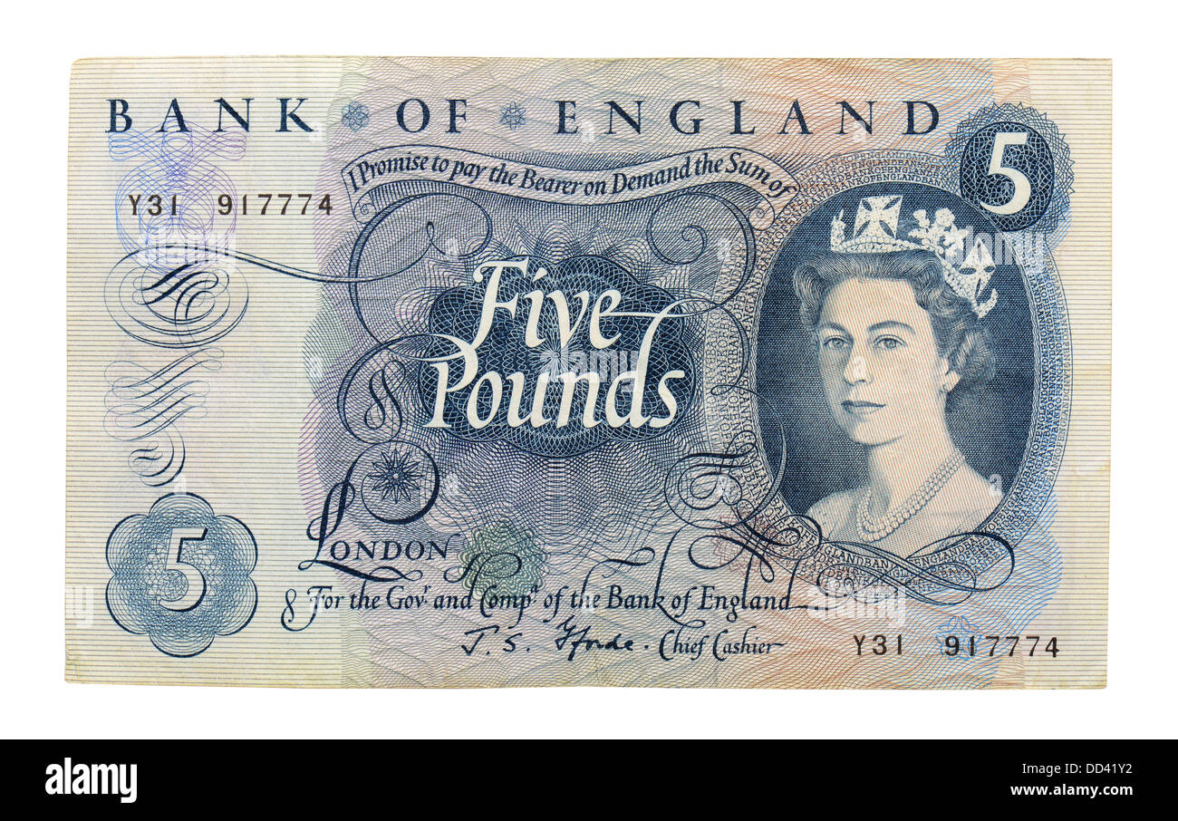 Cinq vieux Anglais Pound note Banque D'Images