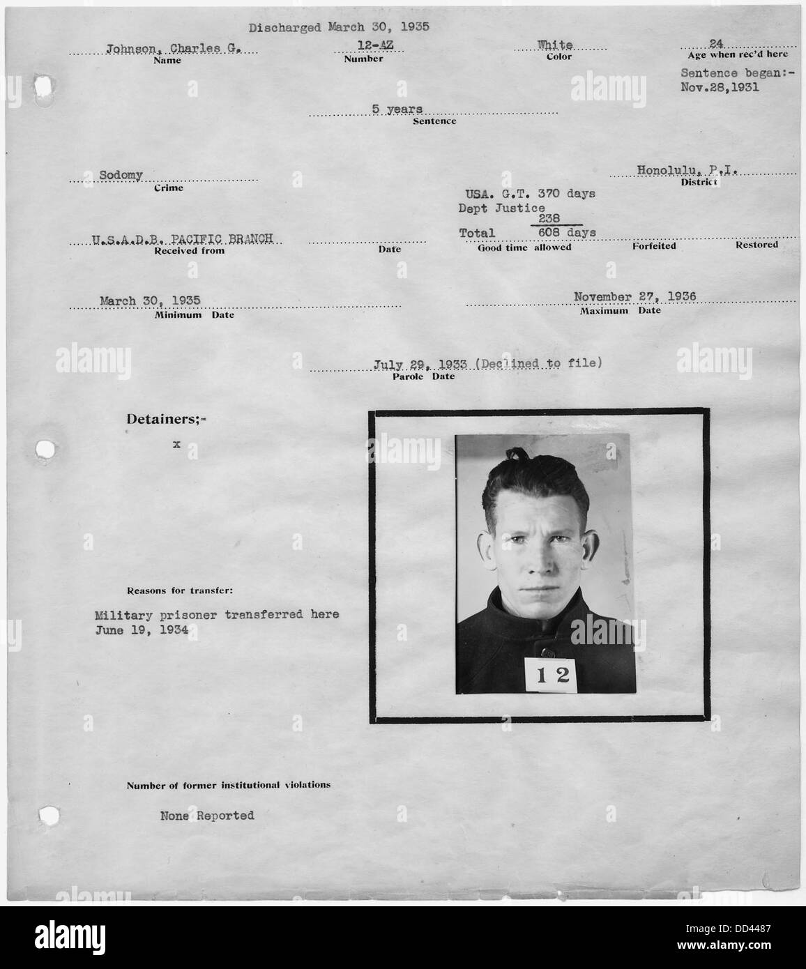 Warden's page du bloc-notes, avec mug shot, de Charles G. Johnson, 12-AZ. - - 296698 Banque D'Images