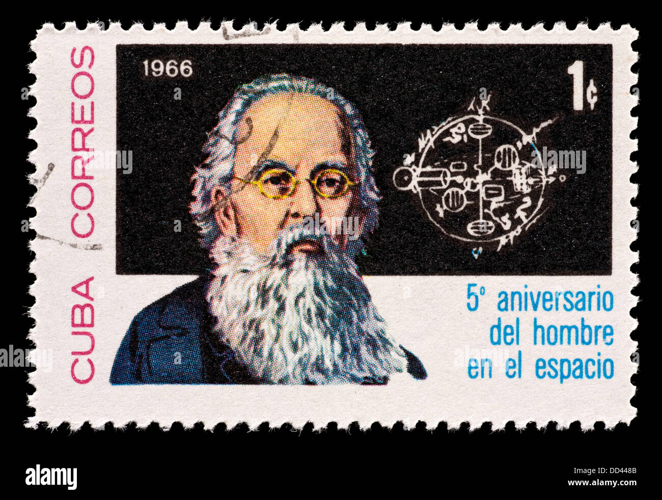 Timbre-poste représentant de Cuba Konstantin Eduardovich Tsiolkovsky, fusée soviétique et les sciences de l'espace scientifique. Banque D'Images
