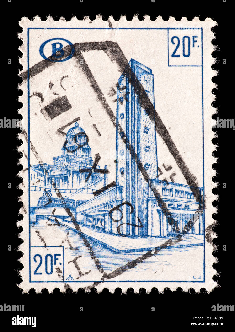 Timbre colis postaux de Belgique représentant Gare du Midi à Bruxelles. Banque D'Images