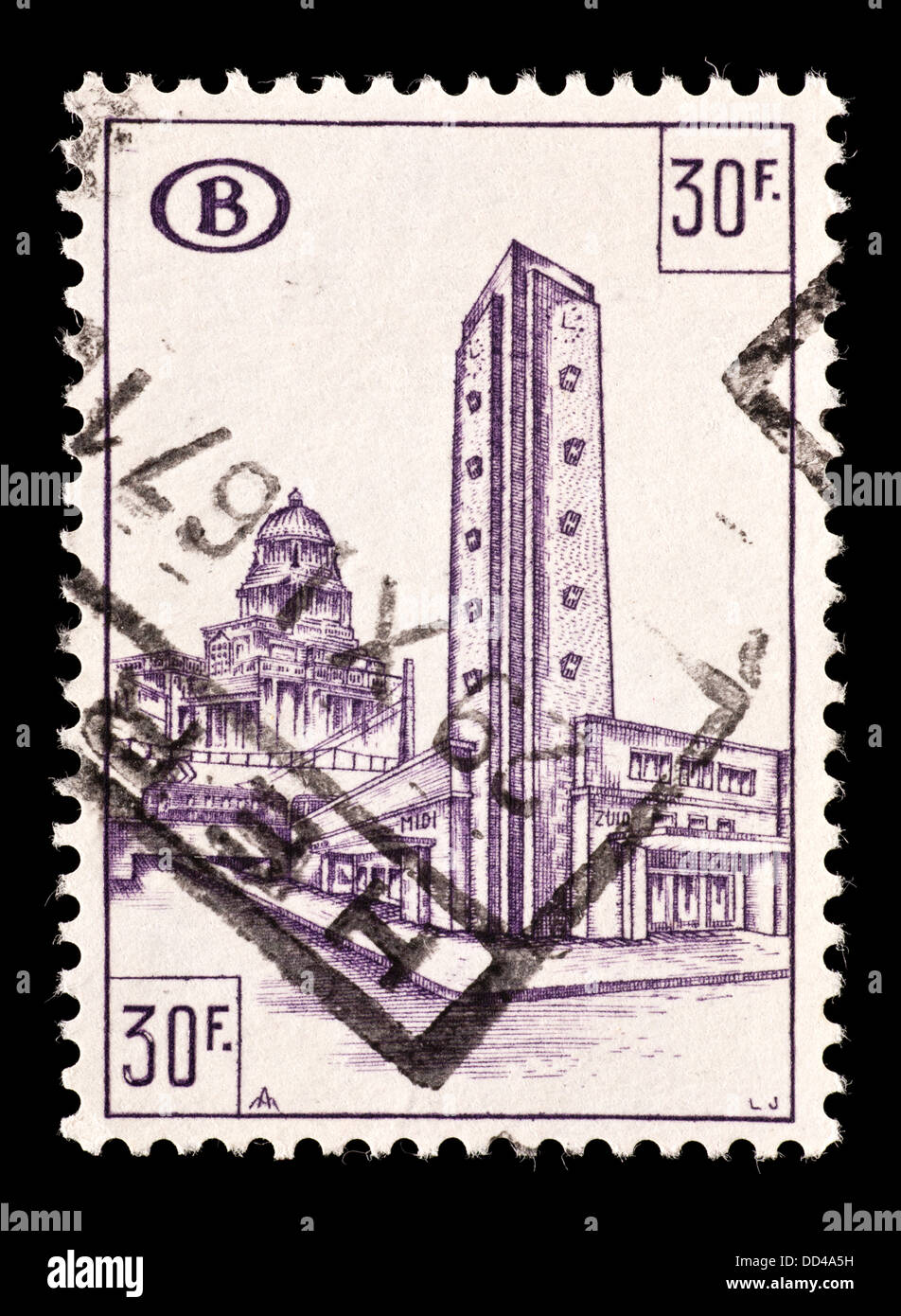 Timbre colis postaux de Belgique représentant Gare du Midi à Bruxelles. Banque D'Images