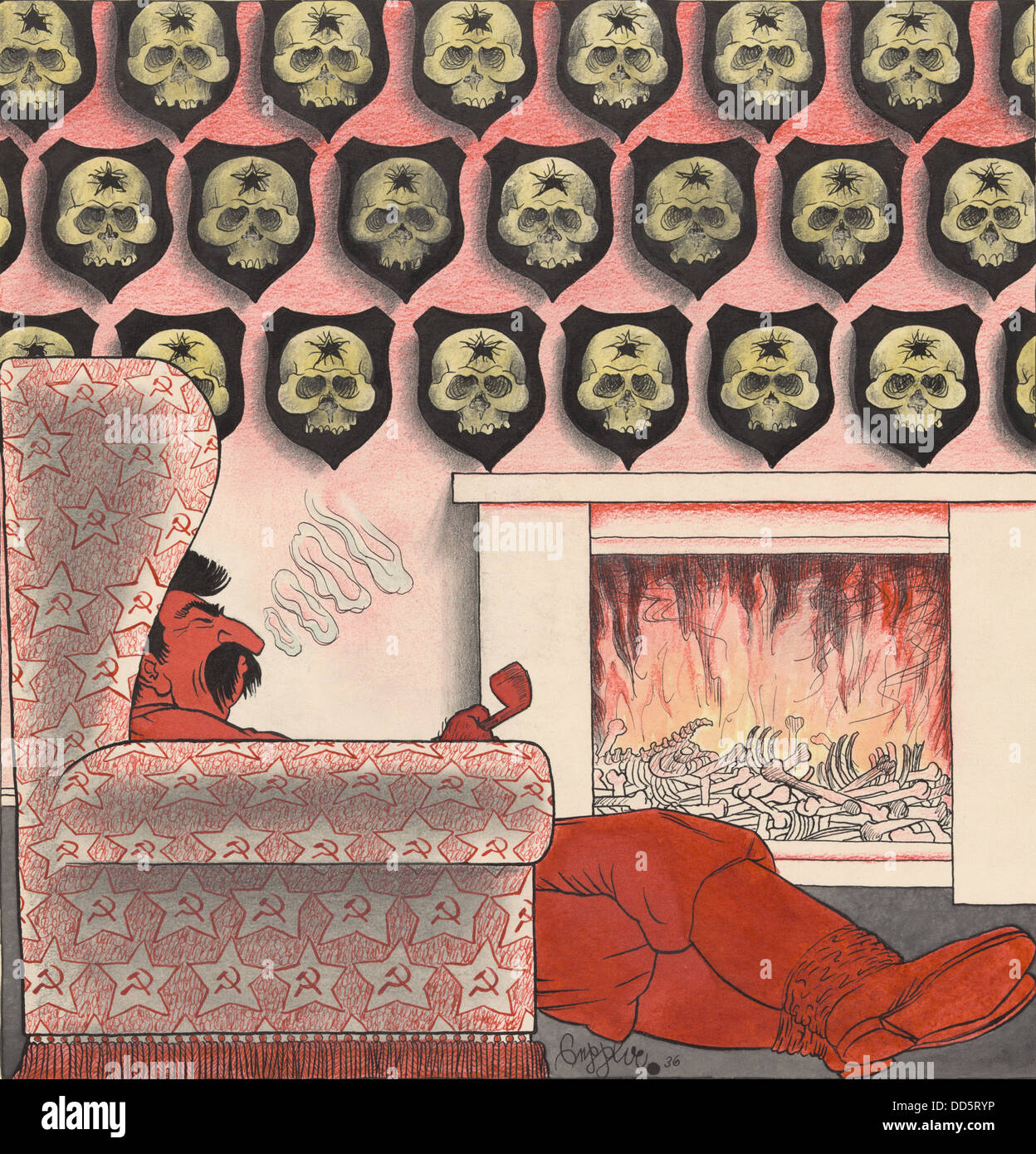 1936 Cartoon sur Joseph Staline purges. Staline se trouve en face d'une cheminée remplie d'os. Des crânes humains avec un seul Banque D'Images