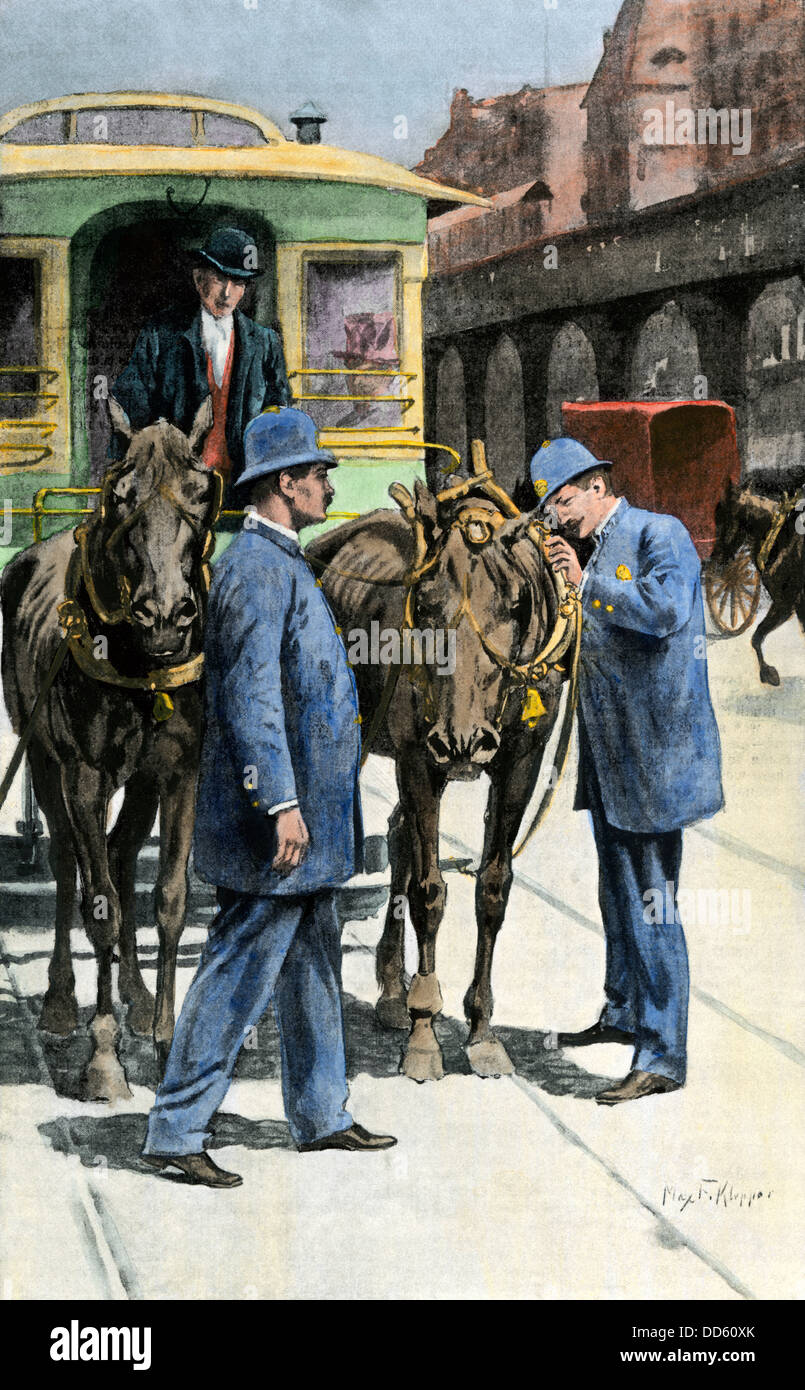 Streetcar chevaux inspectés par des agents de la SPCA, New York, 1890. Demi-teinte à la main, reproduction d'une illustration Banque D'Images