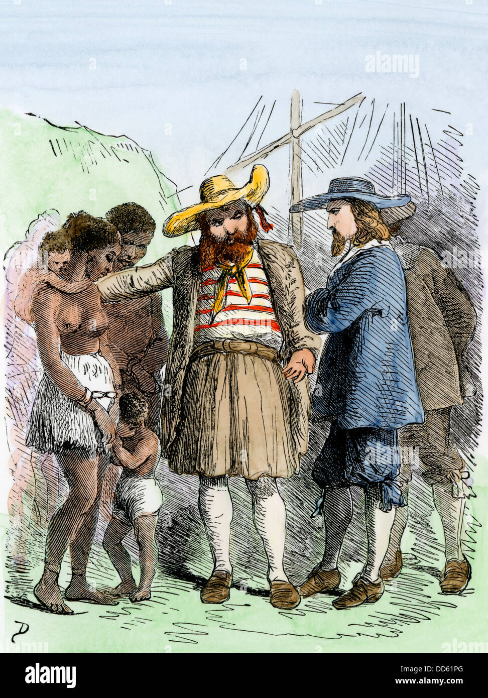 Les Africains mis en colonie de Virginie comme esclaves dans les années 1600. À la main, gravure sur bois Banque D'Images