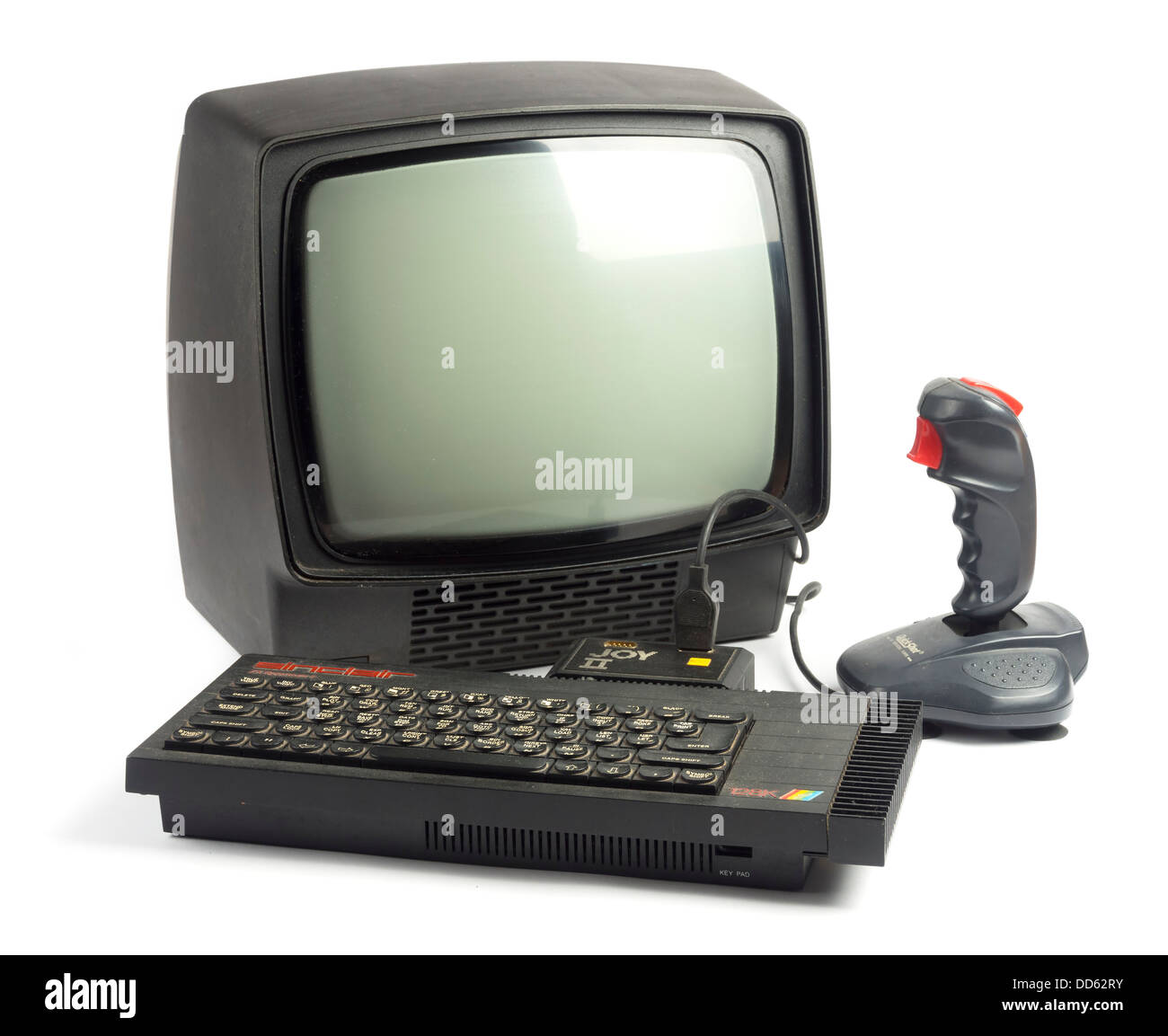 Sinclair ZX Spectrum 128K 1980 accueil ordinateur avec moniteur et joystick Banque D'Images
