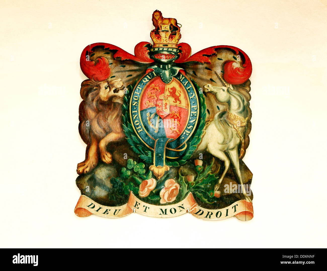 Armoiries royales de Hanovre, 1817, Thornham, Norfolk, England UK licorne lion héraldique British image héraldique armoiries Banque D'Images