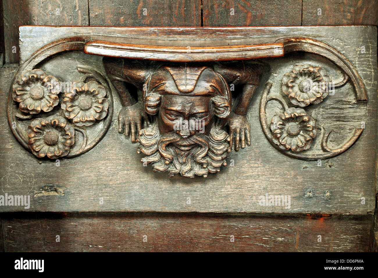 Misericord médiévale, Kings Lynn St Margaret's Church Kings Lynn, Norfolk, England UK Anglais miséricordes médiévale xive siècle Banque D'Images