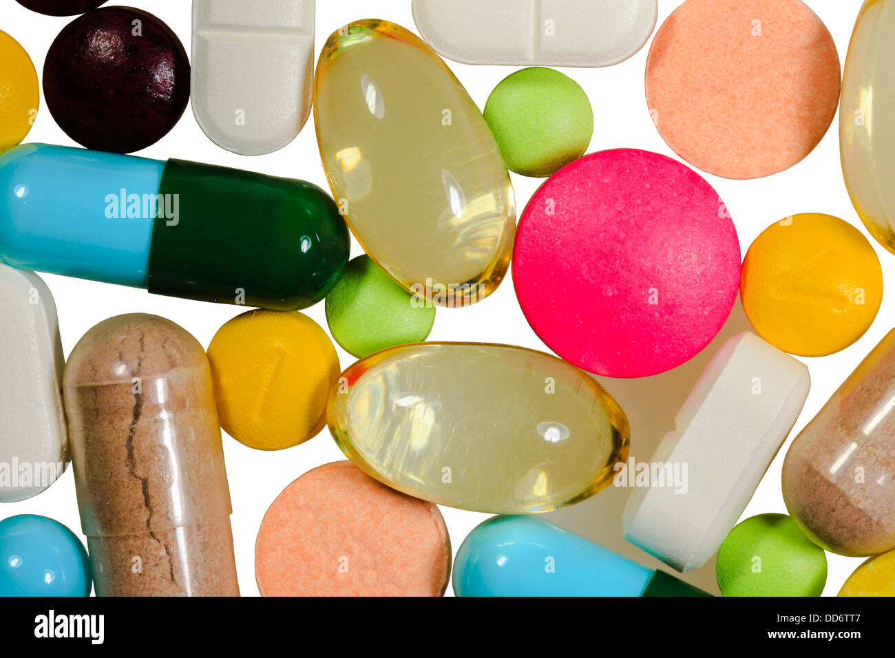 Différents types de pilules sur fond blanc Banque D'Images