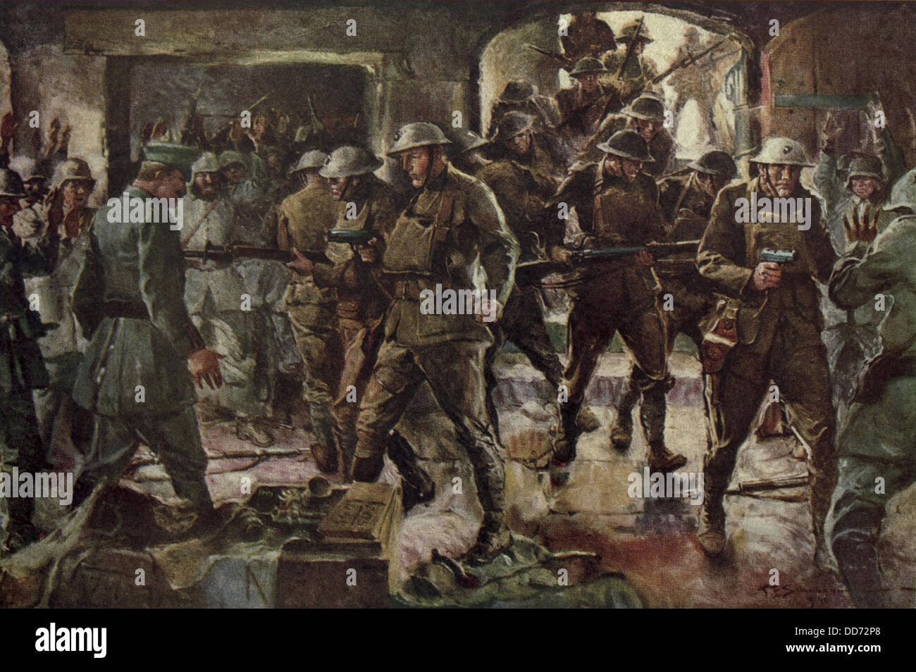 La Seconde Guerre mondiale 1. Peinture représentant des soldats britanniques surprenant les troupes allemandes dans leur bunker. Ca. 1915-1918. Banque D'Images