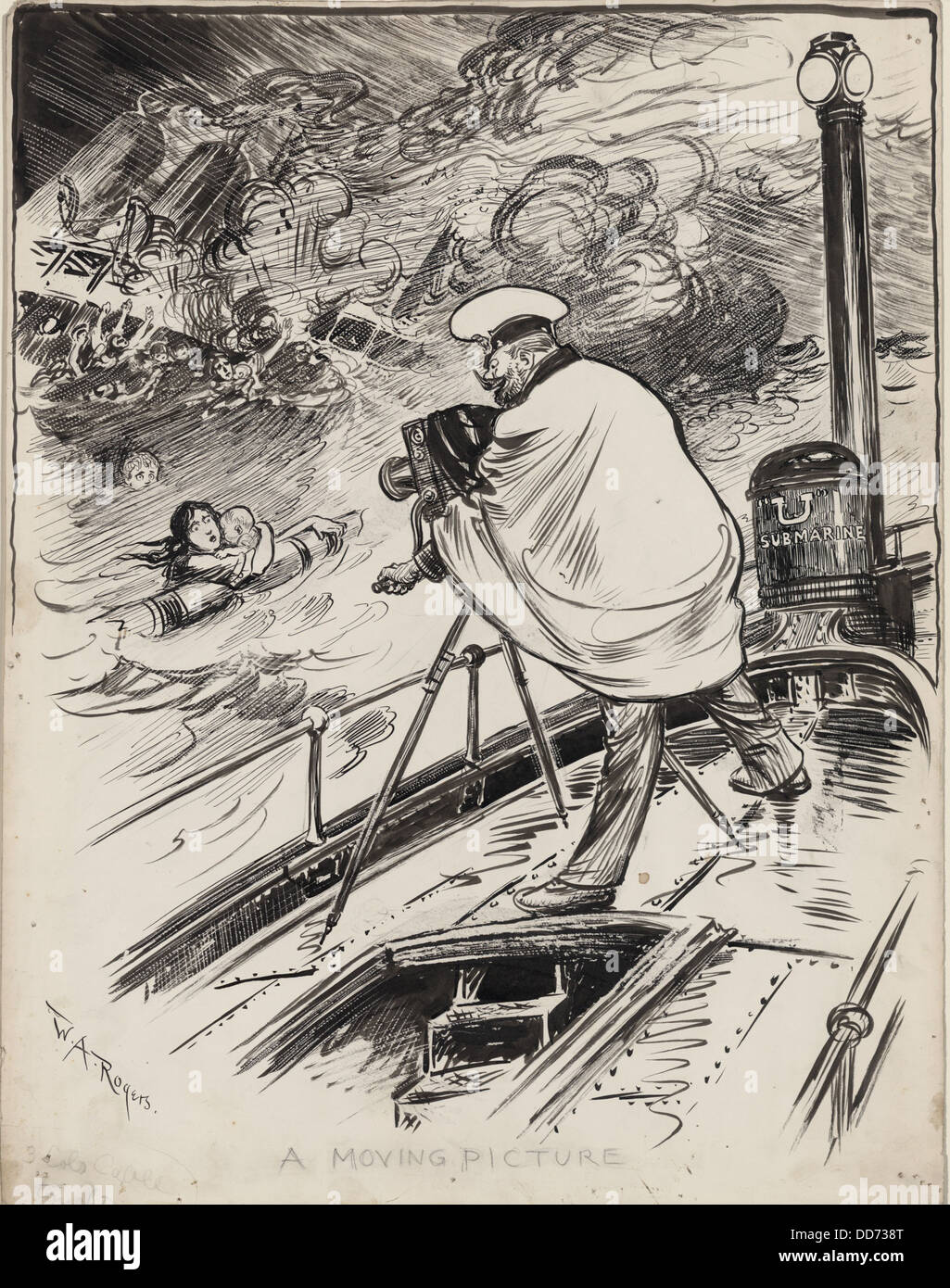 Commandant de sous-marin allemand WW1 tournage Sinking Ship et victimes de noyade, 1915. Dessin à l'encre d'origine pour une caricature contre Banque D'Images