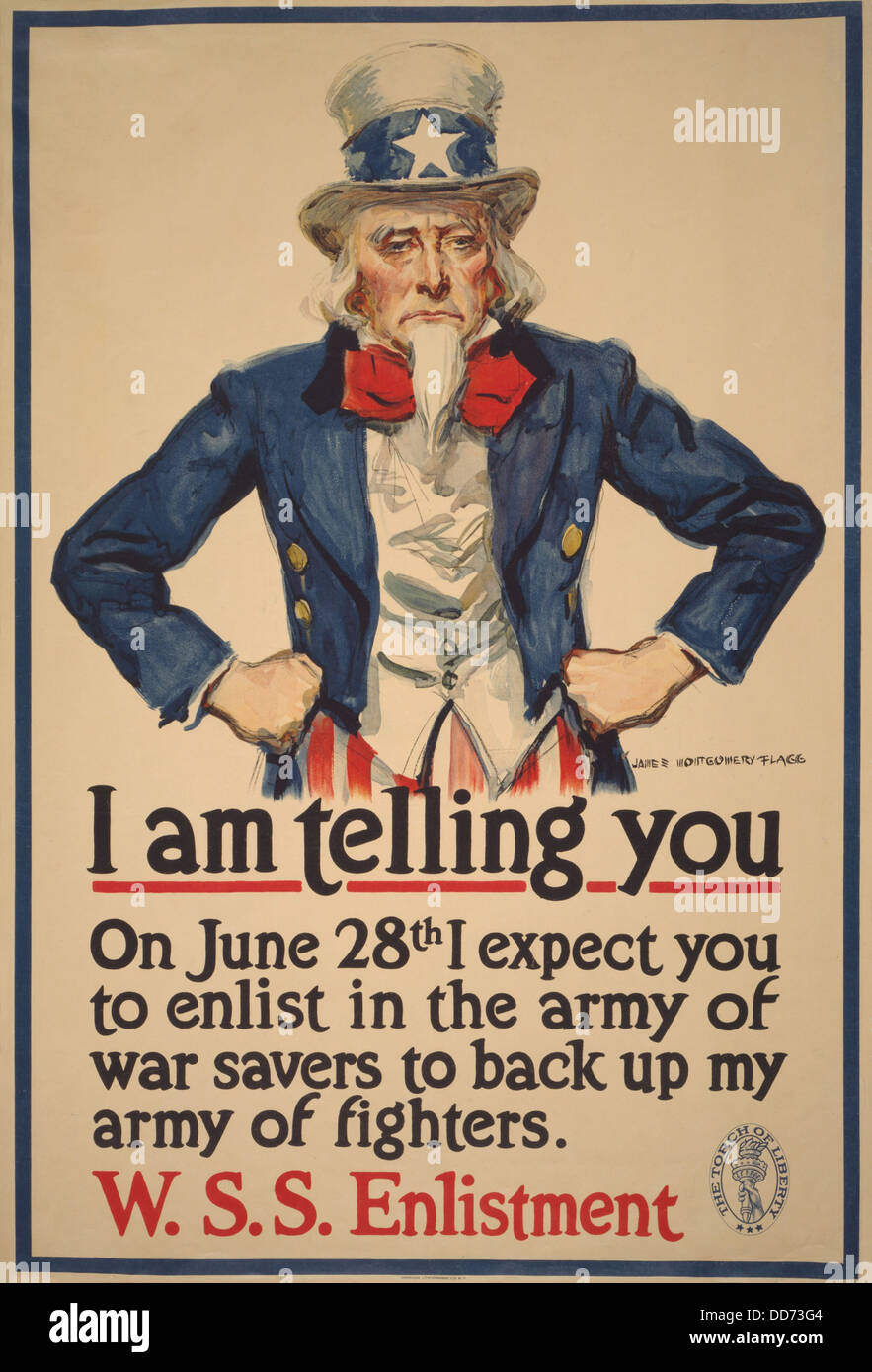 American 1918 WW1 affiche, avec l'Oncle Sam classique caractère par James M. Flagg. Lire l'affiche, 'Je suis en train de vous--je le 28 juin Banque D'Images