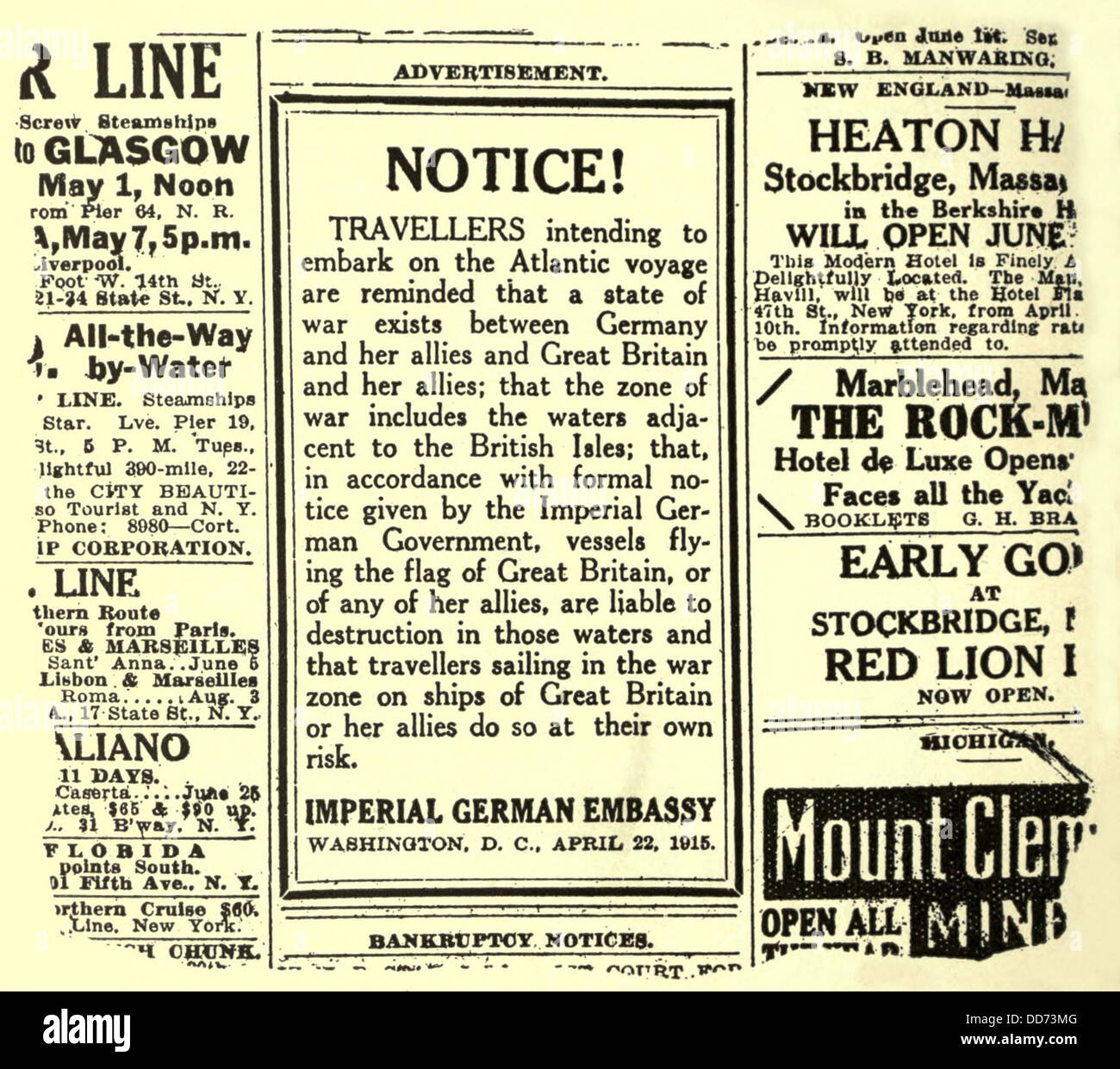 Publicité allemande de voyageurs avertissement RMS Lusitania. Le 1 mai 1915. La chemise a été torpillé au large de la côte de l'Irlande par un Allemand Banque D'Images