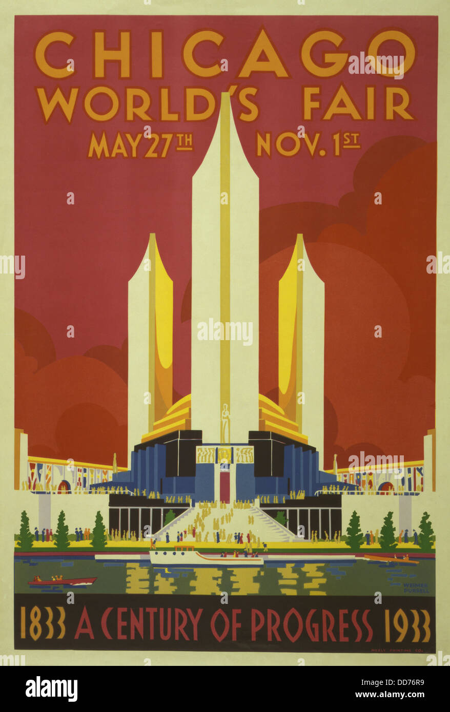 Affiche de l'exposition universelle de Chicago de 1933, "Un siècle de progrès". Poster montre les bâtiments avec des bateaux sur l'eau en premier plan. Banque D'Images