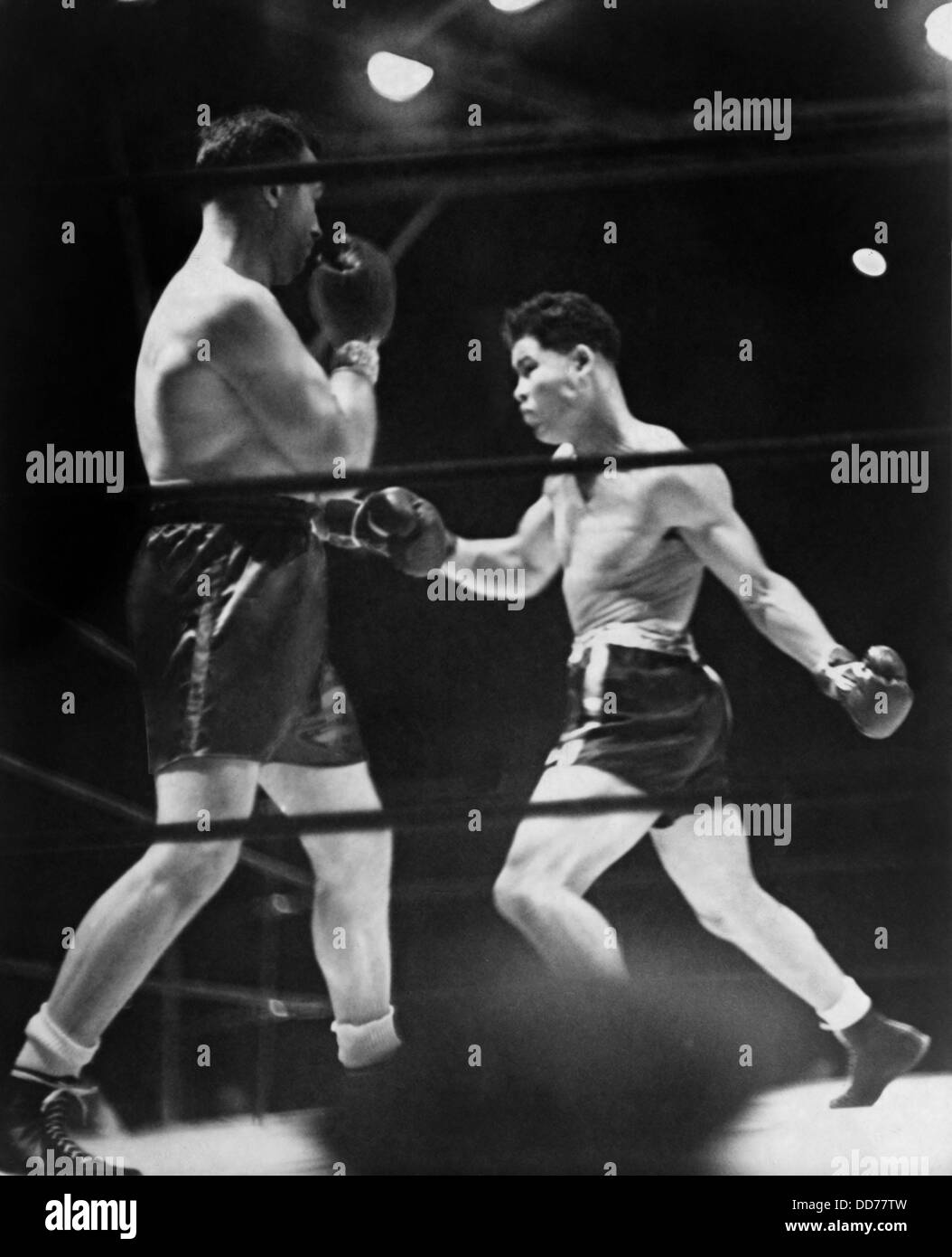 Joe Louis (à droite) dans le match de boxe avec Jack Sharkey au Yankee Stadium, New York. 18 août, 1936. Louis a gagné avec un coup de grâce dans Banque D'Images