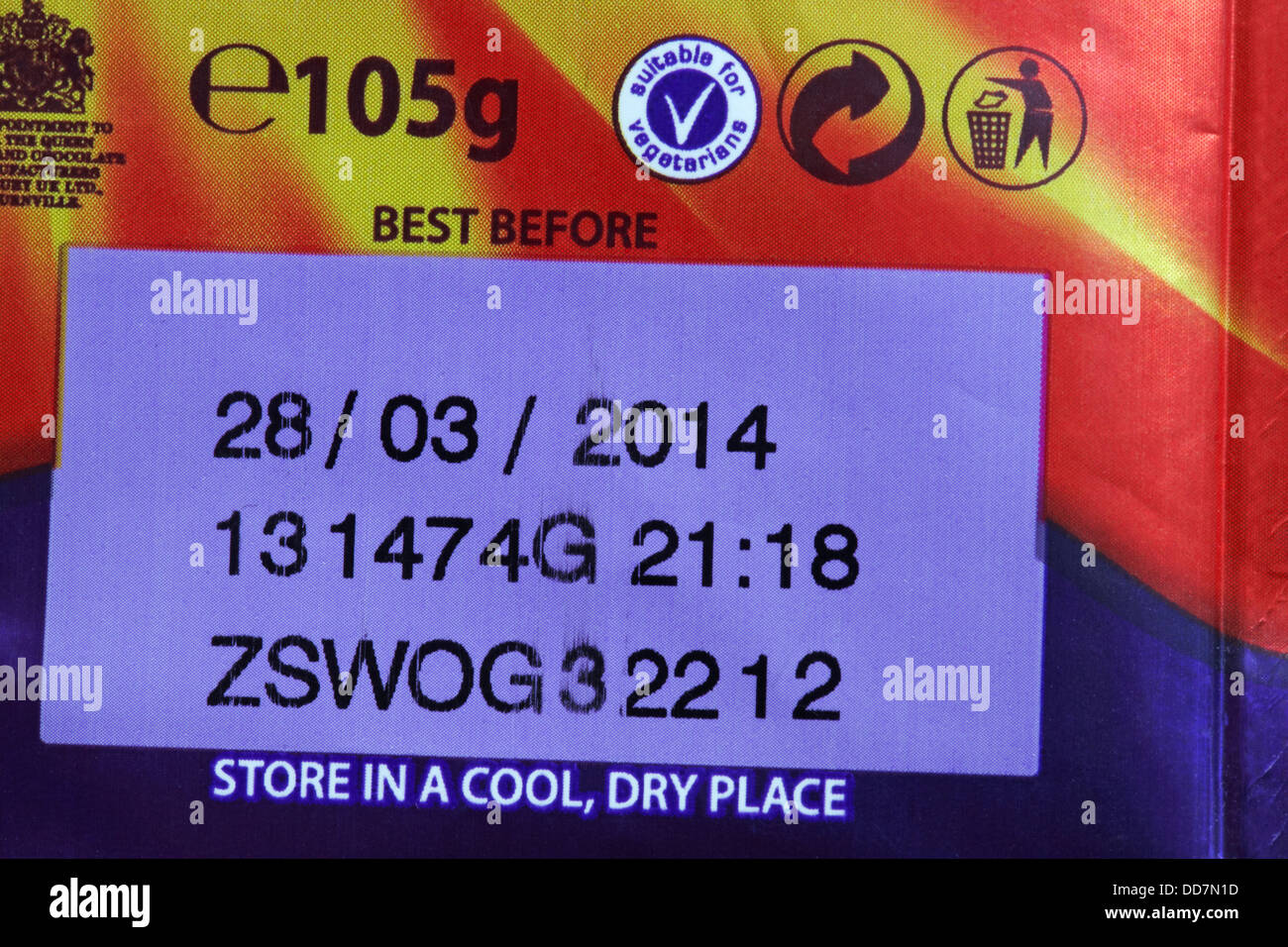Meilleur avant 28/03/2014 le paquet, conserver dans un endroit frais et sec, convient aux végétariens Banque D'Images