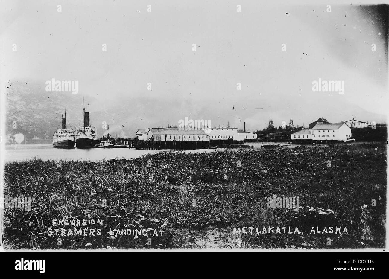 Des bateaux à vapeur d'excursion débarquent à Metlakatla, en Alaska. Cette image illustre l'industrie du transport et du tourisme dans la région, en particulier lors d'excursions. Banque D'Images
