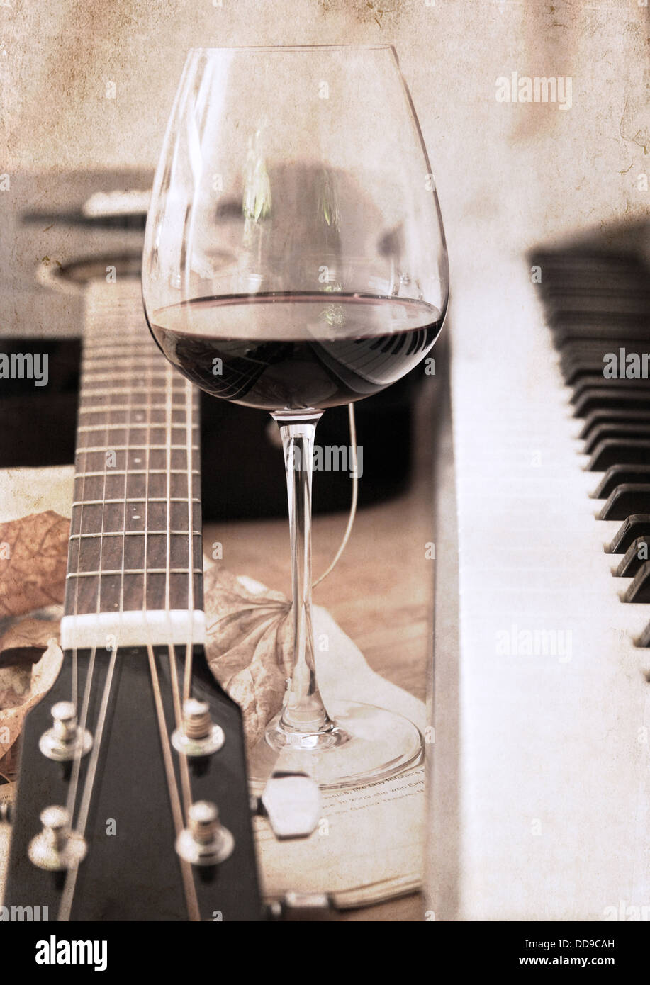 Illustrations de style rétro, musique et vin Banque D'Images